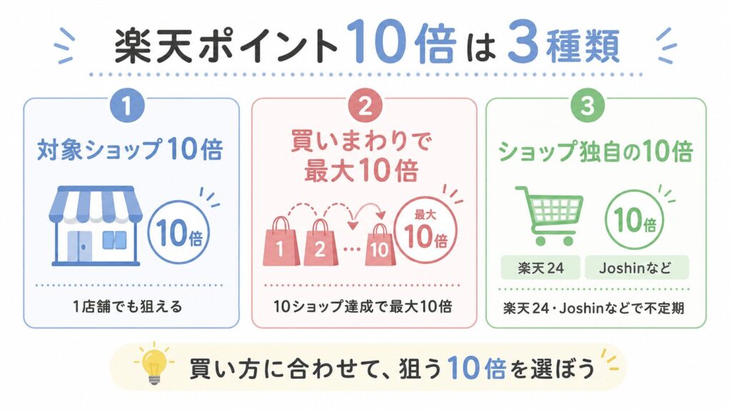 楽天ポイント10倍の3種類(対象ショップ10倍・買い回り最大10倍・ショップ独自)